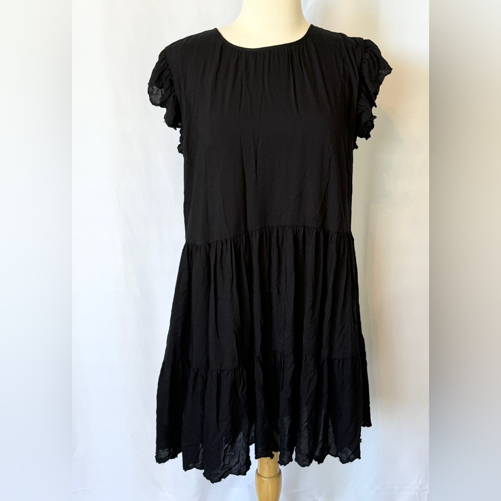 Wilfred Aritzia Sidonie Sz S Tiered Black Babydoll Dress Flutter Sleeve Lined